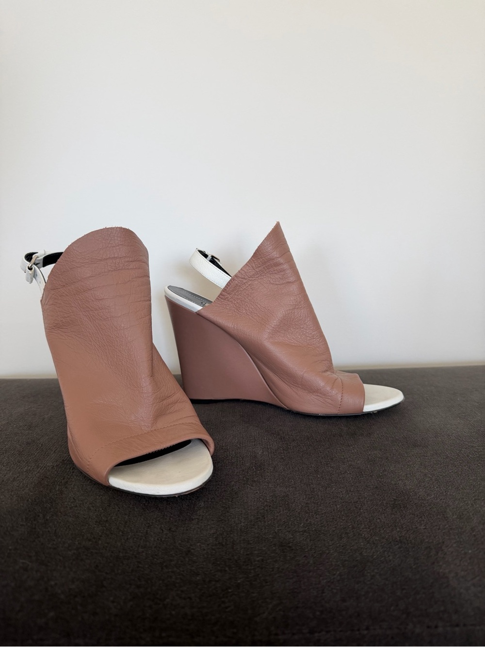 Balenciaga Taupe Open-Toe Leather Wedge Sandals - fits a 7.5 foot